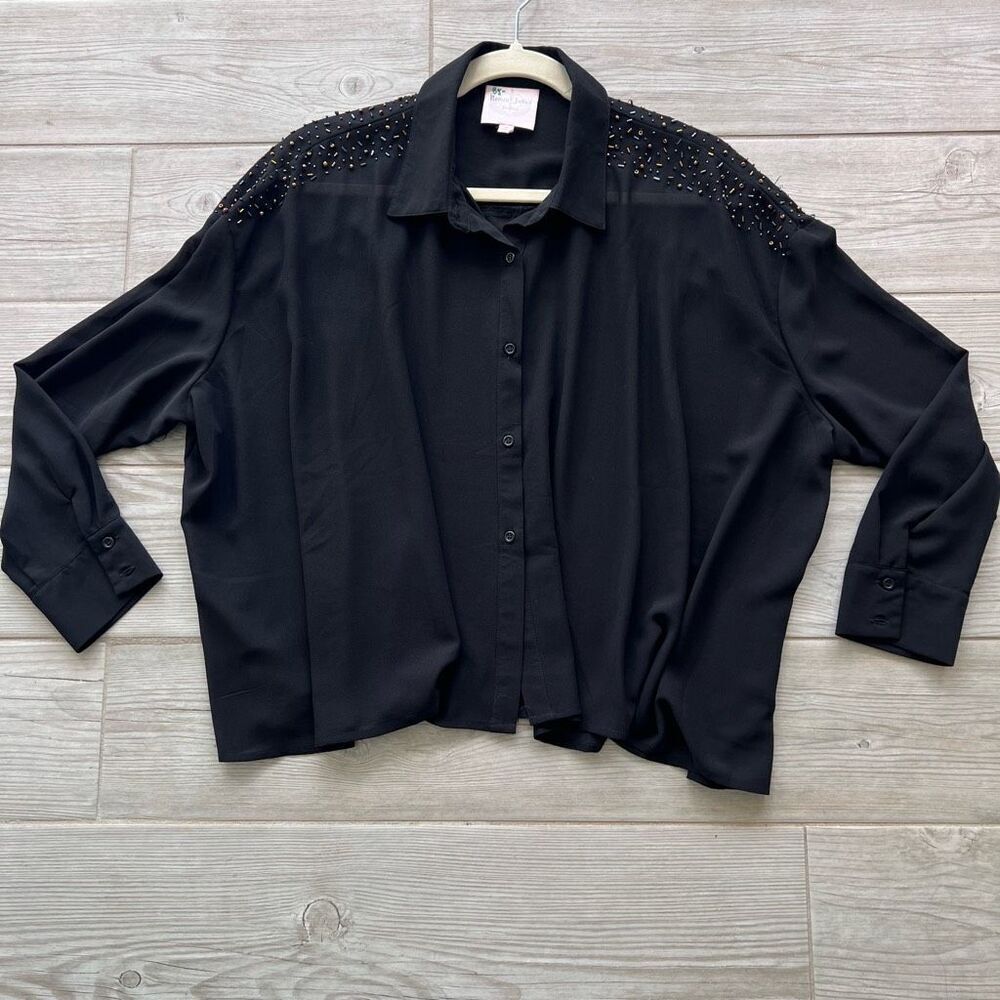 Romeo & Juliet Couture Womens Black Beads‎ Button Down Shirt Size Medium